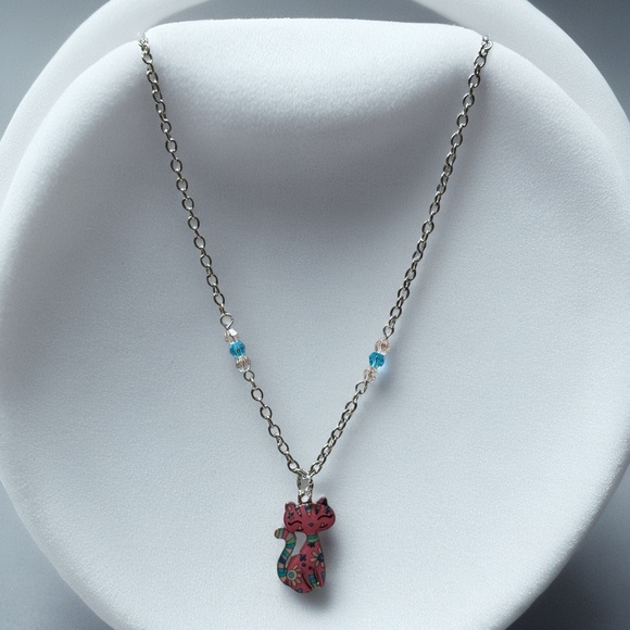 Hand Crafted Jewelry - Hand Crafted  Girls Pink Cat Necklace with Blue Accent Beads